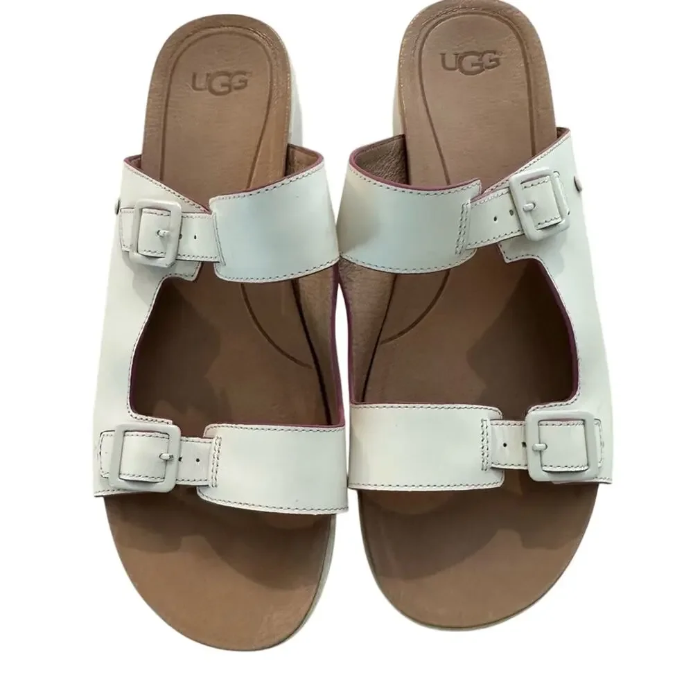 UGG Hanneli Leather Slide Platform Sandals - White Adjustable Straps - SZ 11